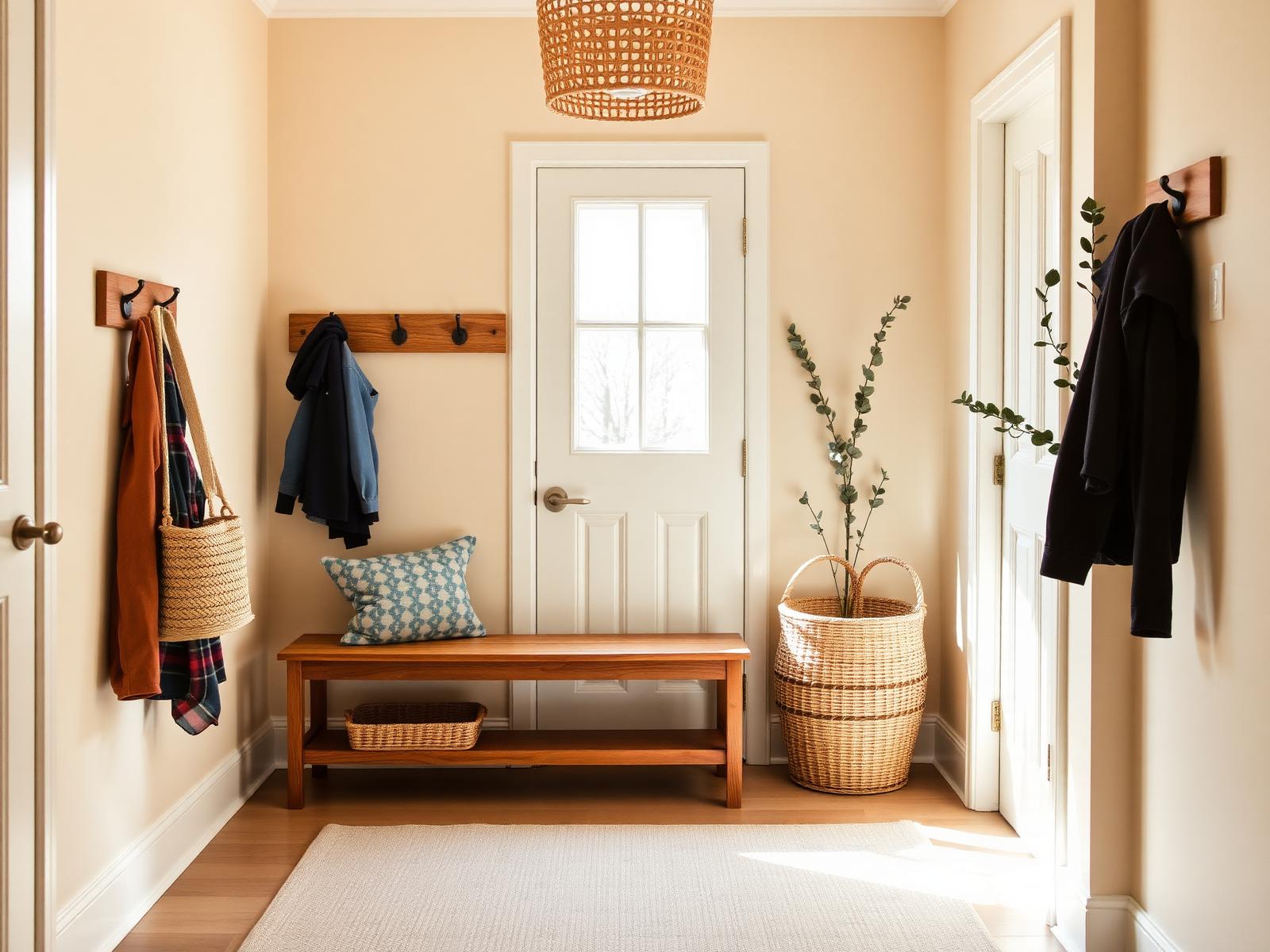 Warm, welcoming daycare entryway with a wooden bench and natural light
